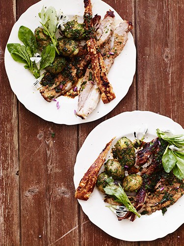 Roast pork with herbs, broad bean tops and new potatoes