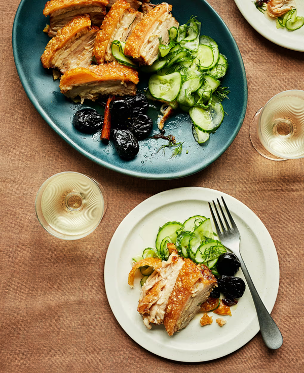 Roast pork with pickled prunes and cucumber