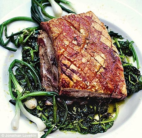Roast pork with spinach and spring onions