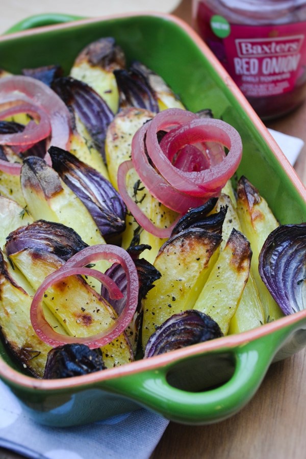 Roast potato and double red onion bake