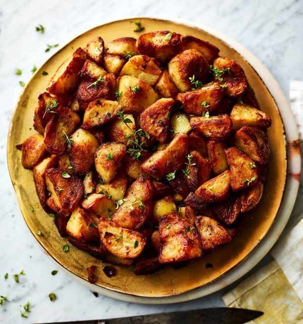Roast potato cake with goose fat and garlic