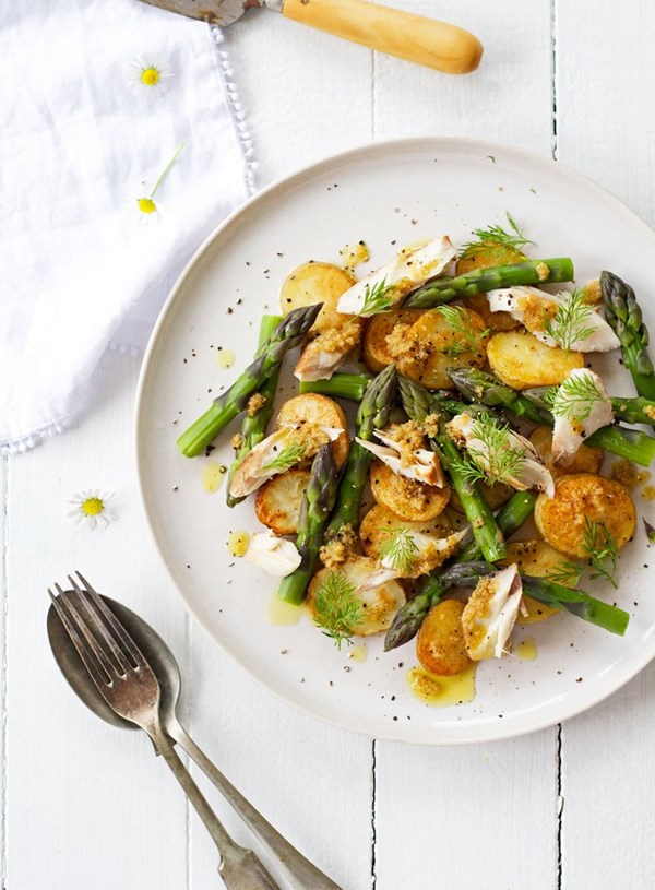 Roast potato, smoked fish and asparagus salad with preserved lemon dressing