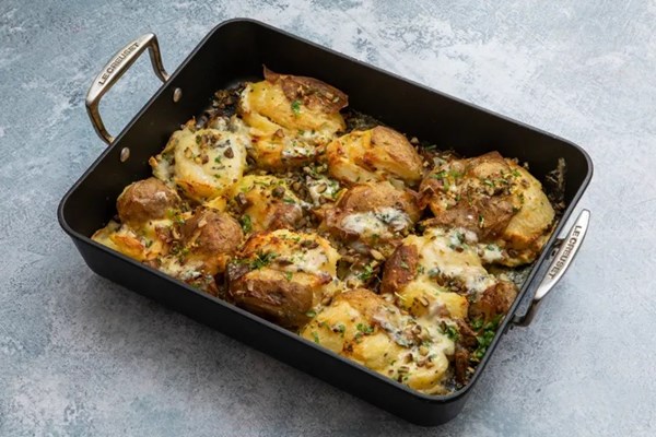 Roast potatoes with Stilton and chestnut gremolata
