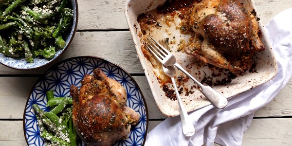 Roast poussin with bulgur wheat and preserved lemon stuffing 