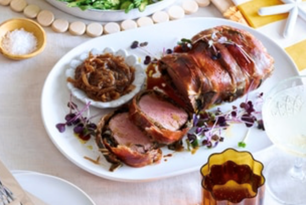 Roast prosciutto-wrapped beef with onion and horseradish jam
