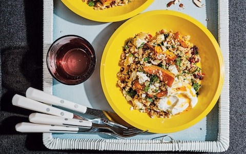 Roast pumpkin and bulgur wheat with preserved lemon, feta and almonds