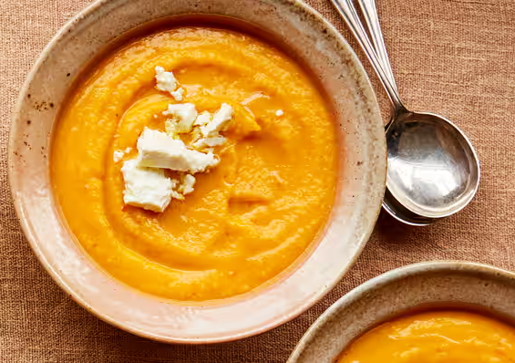 Roast pumpkin and chilli soup with feta