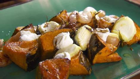 Roast pumpkin and shallots with fennel, curry leaves and goats' cheese