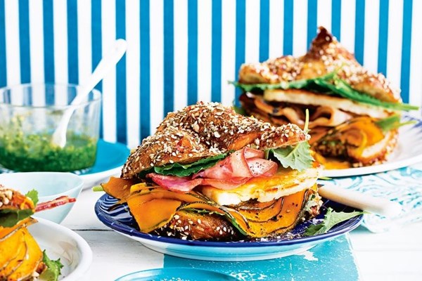 Roast pumpkin, haloumi and bacon croissants
