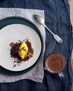 Roast pumpkin ice cream with coffee crumble and hot chocolate sauce