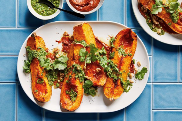 Roast pumpkin, muhammara and green chilli zhug