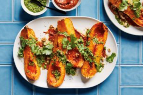 Roast pumpkin, muhammara and green chilli zhug