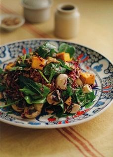 Roast pumpkin, mushroom & spinach salad with spicy toasted almonds