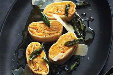 Roast pumpkin rotolo with sage butter
