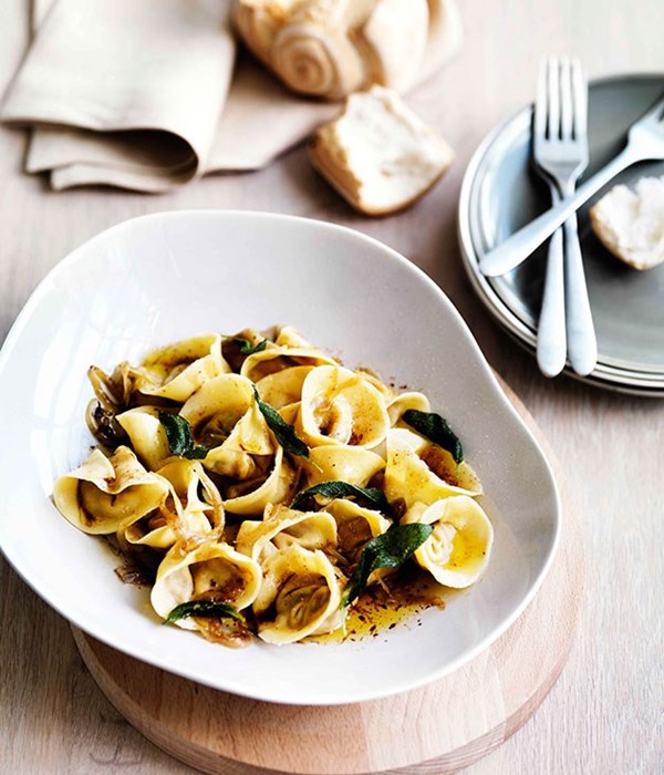 Roast pumpkin tortellini with amaretti, sage and onion