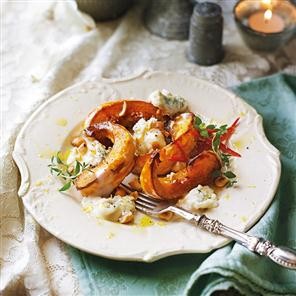 Roast pumpkin wedges with toasted hazelnuts, blue cheese and thyme 