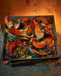 Roast pumpkin with autumn veg and oozy melty Stilton