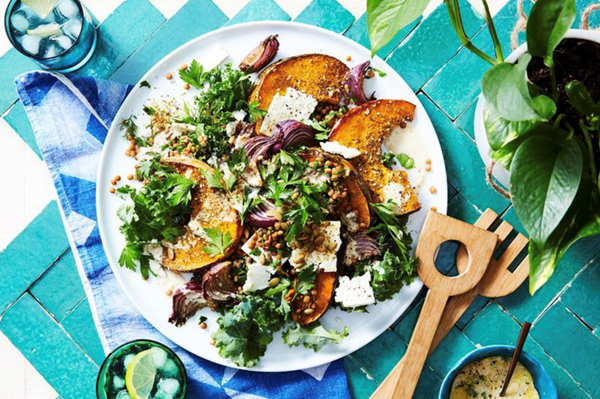 Roast pumpkin with lentils, tahini and za'atar