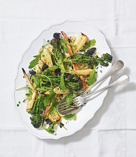 Roast purple sprouting broccoli, black pudding & parsnip salad