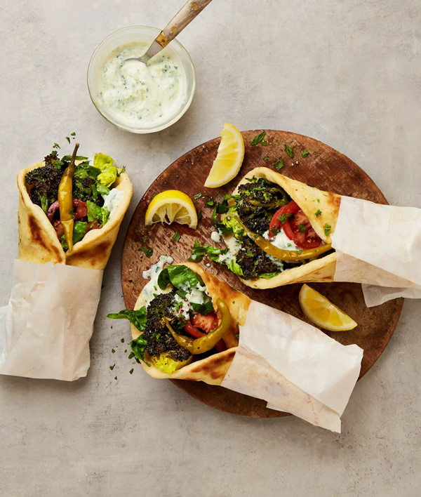 Roast purple sprouting broccoli gyro with tzatziki