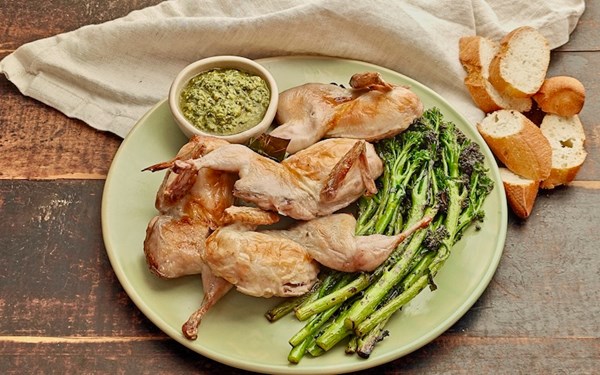 Roast quail with coriander pesto