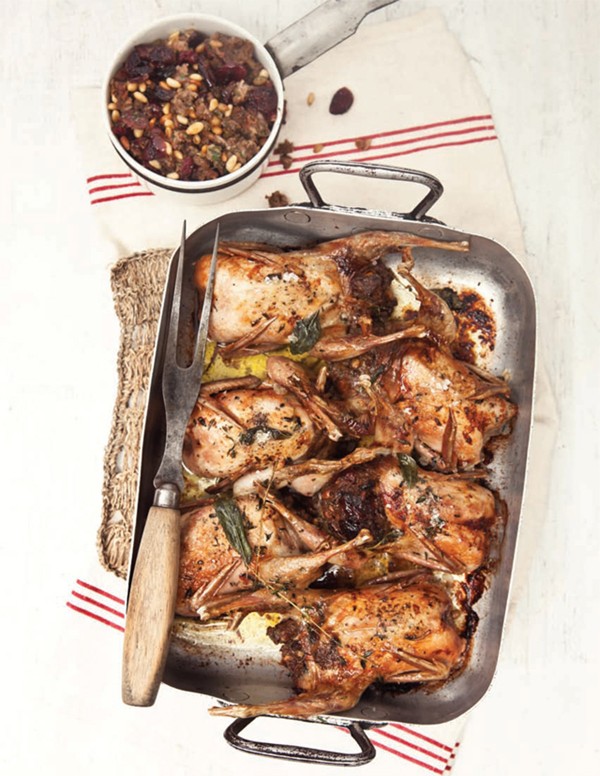 Roast quail with cranberry, chestnut and pork sausage stuffing