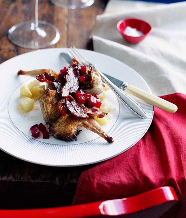 Roast quail with crushed apple, beetroot and streaky bacon 