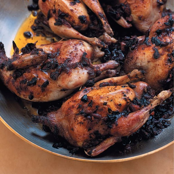 Roast quail with harissa and pomegranate seeds