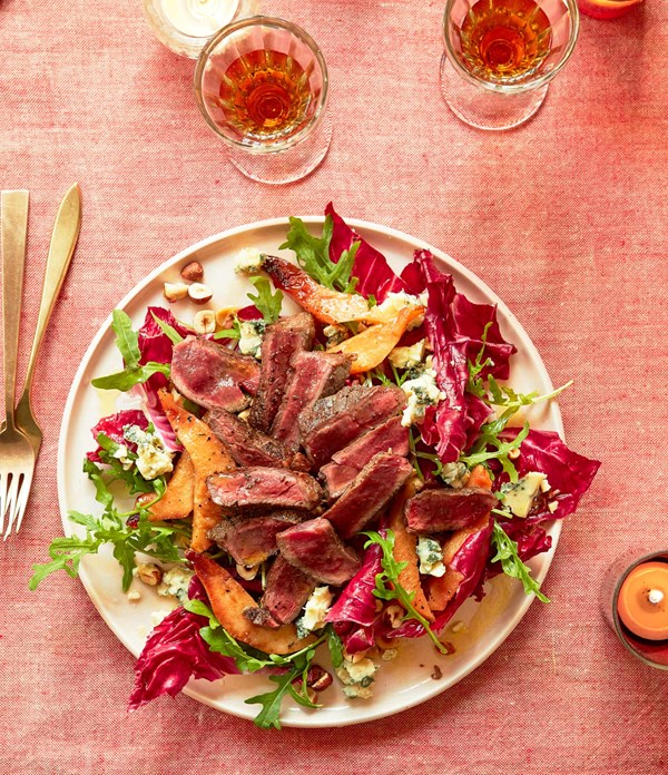 Roast quince salad with venison and blue cheese