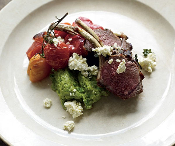 Roast rack of lamb with capsicum, tomatoes on the vine and smashed broad beans