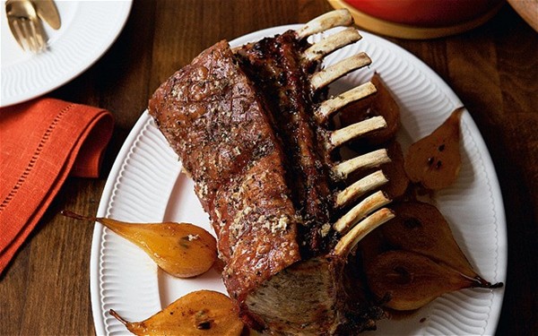 Roast rack of pork with whisky gravy and honeyed pears