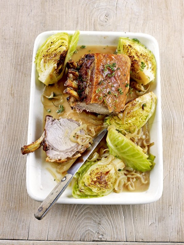 Roast rack of pork with braised new season's cabbage