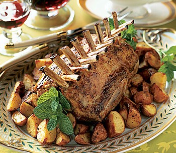 Roast racks of lamb with new potatoes and mint pesto