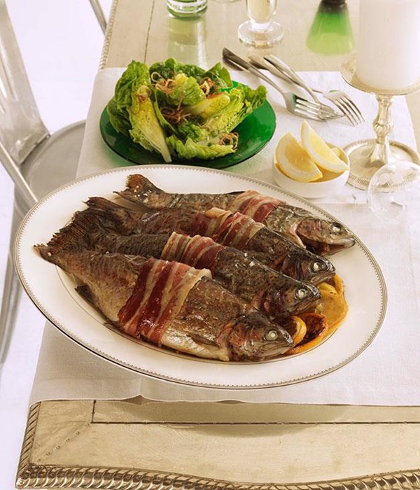 Roast rainbow trout with fennel, lemon and pancetta