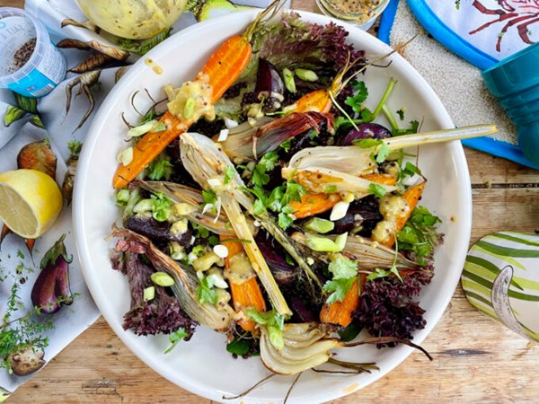 Roast rainbow veg and lentil salad