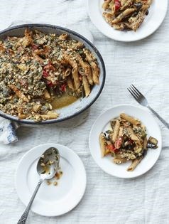 Roast ratatouille penne bake with crunchy seeds