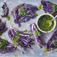 Roast red cabbage wedges with chimichurri dressing