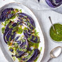 Roast red cabbage with parsley pesto dressing