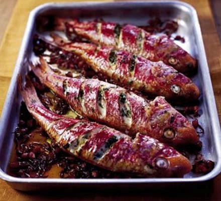 Roast red mullet with tarragon and pancetta