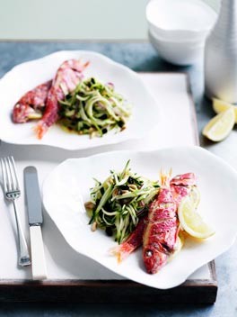 Roast red mullet with zucchini agrodolce