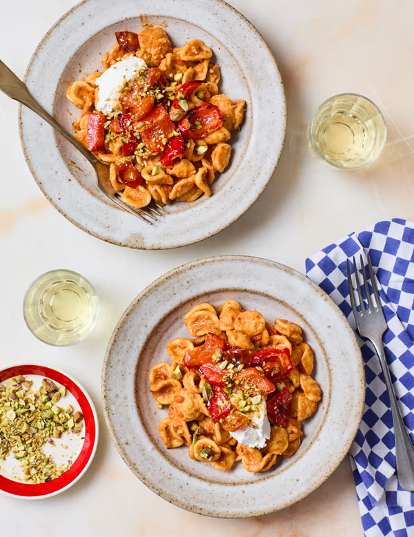 Roast red pasta with ricotta and pistachios