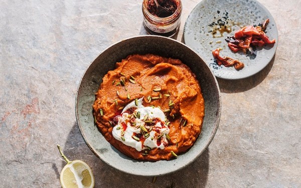 Roast red pepper, carrot and harissa purée