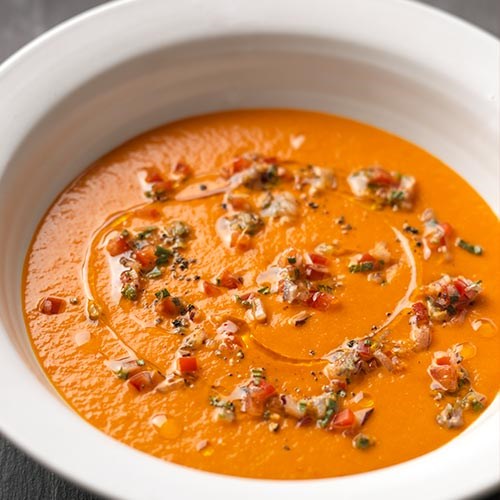 Roast red pepper soup with anchovy salsa