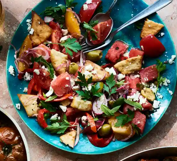 Roast red pepper, watermelon and feta salad