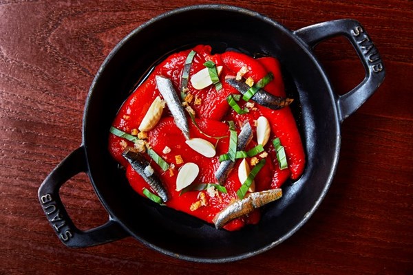 Roast red peppers, smoked anchovy and hazelnuts