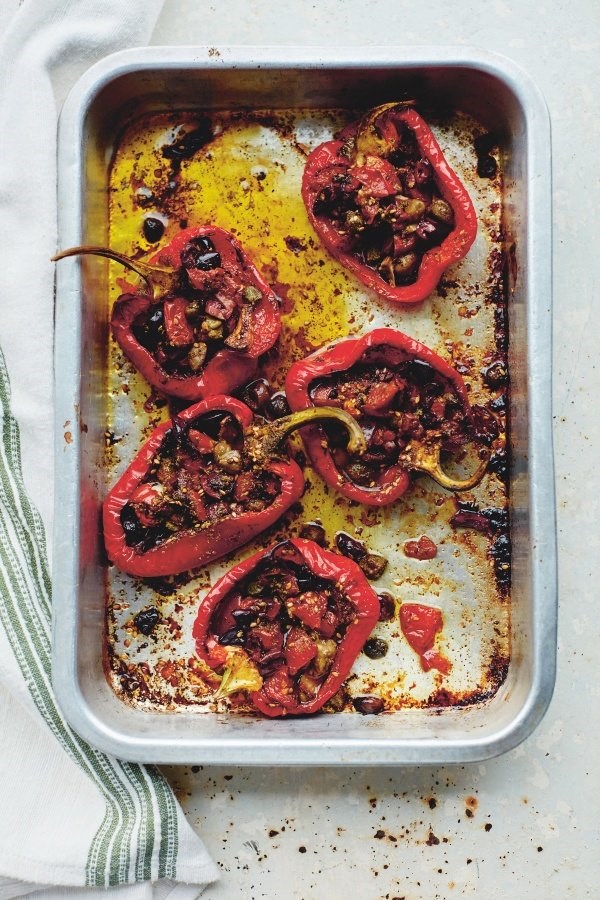 Roast red peppers with olives and capers