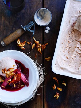 Roast rhubarb with candied almonds and rhubarb ice-cream