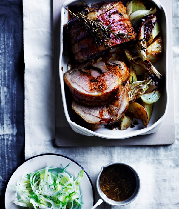 Roast rolled lamb loin with anchovies and rosemary