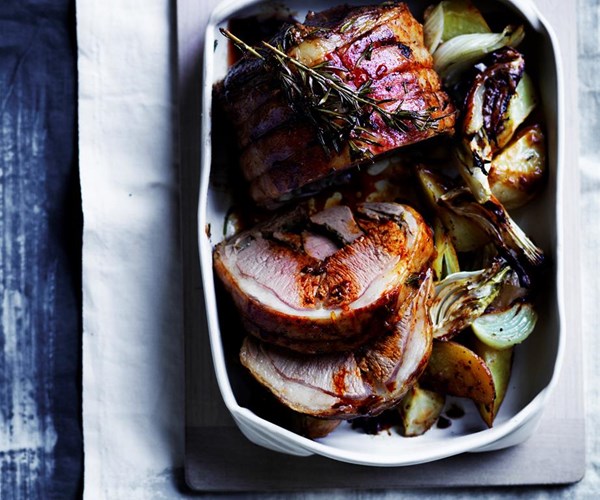 Roast rolled lamb loin with anchovies and rosemary