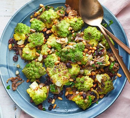 Roast Romanesco with anchovies, capers and currants